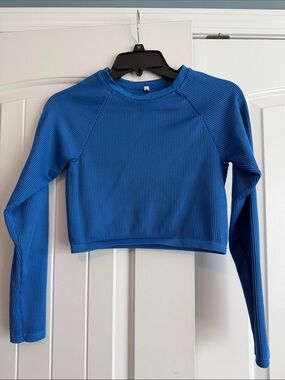 aerie Cobalt Blue Waffle-Knit Long Sleeve Crop Top